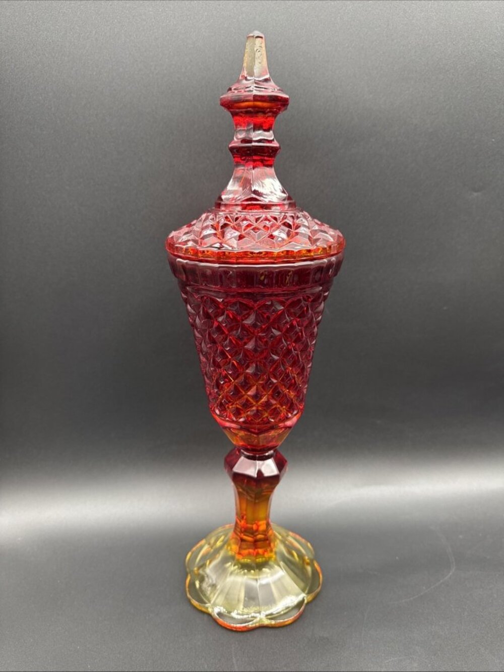 VTG LE Smith Apothecary Jar Amberina Diamond Point Glass Lid 15.75” Urn Candy UV